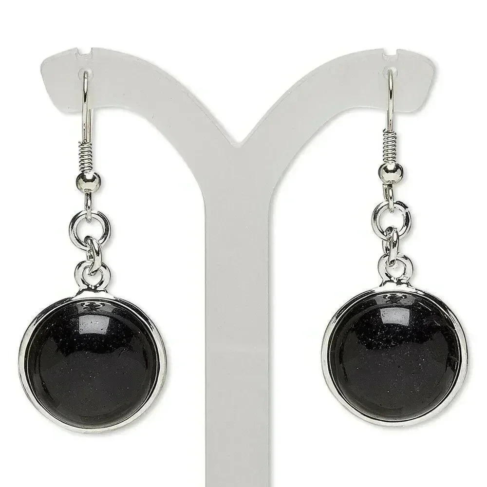 Handcrafted Natural Black Obsidian Gemstone Cabochon Silver Dangle Earrings